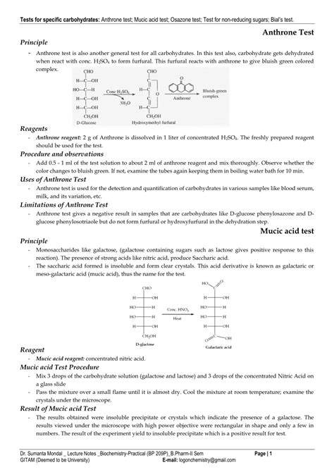 Tests for specific carbohydrates: Anthrone test; Mucic .
